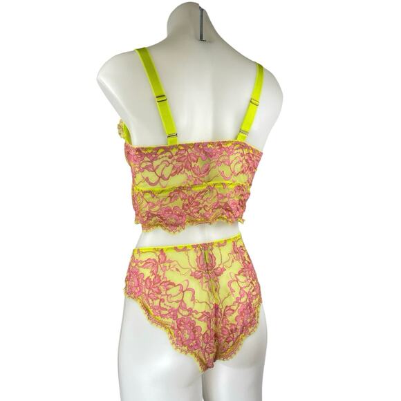 Savage x Fenty Yellow Pink Lace Brallete High Waist Bottom Lingerie 2 Pc Set 1XL - Picture 2 of 5
